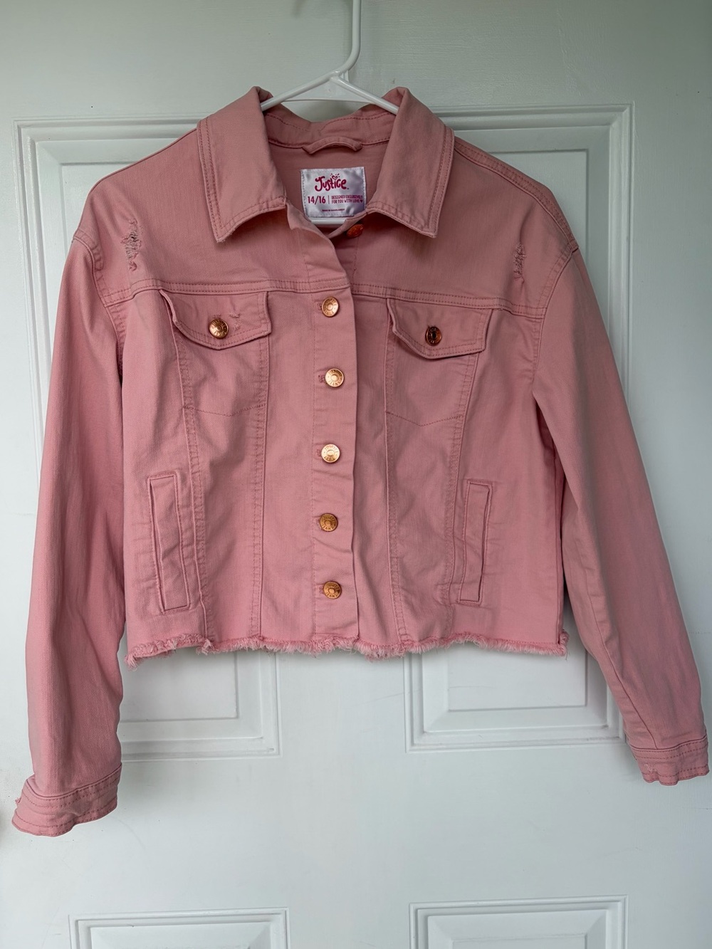 •Justice• Girls Blush Pink Frayed Hem Denim Jacket - Size 14/16